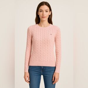 🩷✨ TOMMY HILFIGER Pink Cable Knit Cotton Sweater Women’s M 👚 Cozy Classic‎ ✨🩷